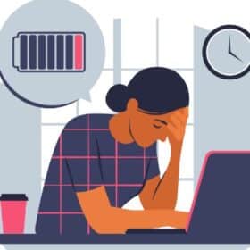 Graphic of tired woman at computer